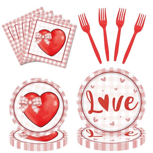 96 PCS Valentine’s Day Plates and Napkins Sets Valentine Party Dinnerware Red Heart Paper-Plates Valentines Decorations for Party,Serve 24 Guests
