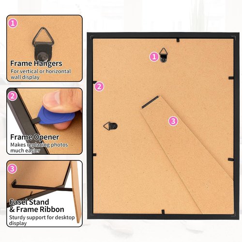 HOMERHYME 8x10 Picture Frame Set of 8 - Black Photo Frames for Tabletop or Wall Display | Fits 5x7 with Mat or 8x10 Without