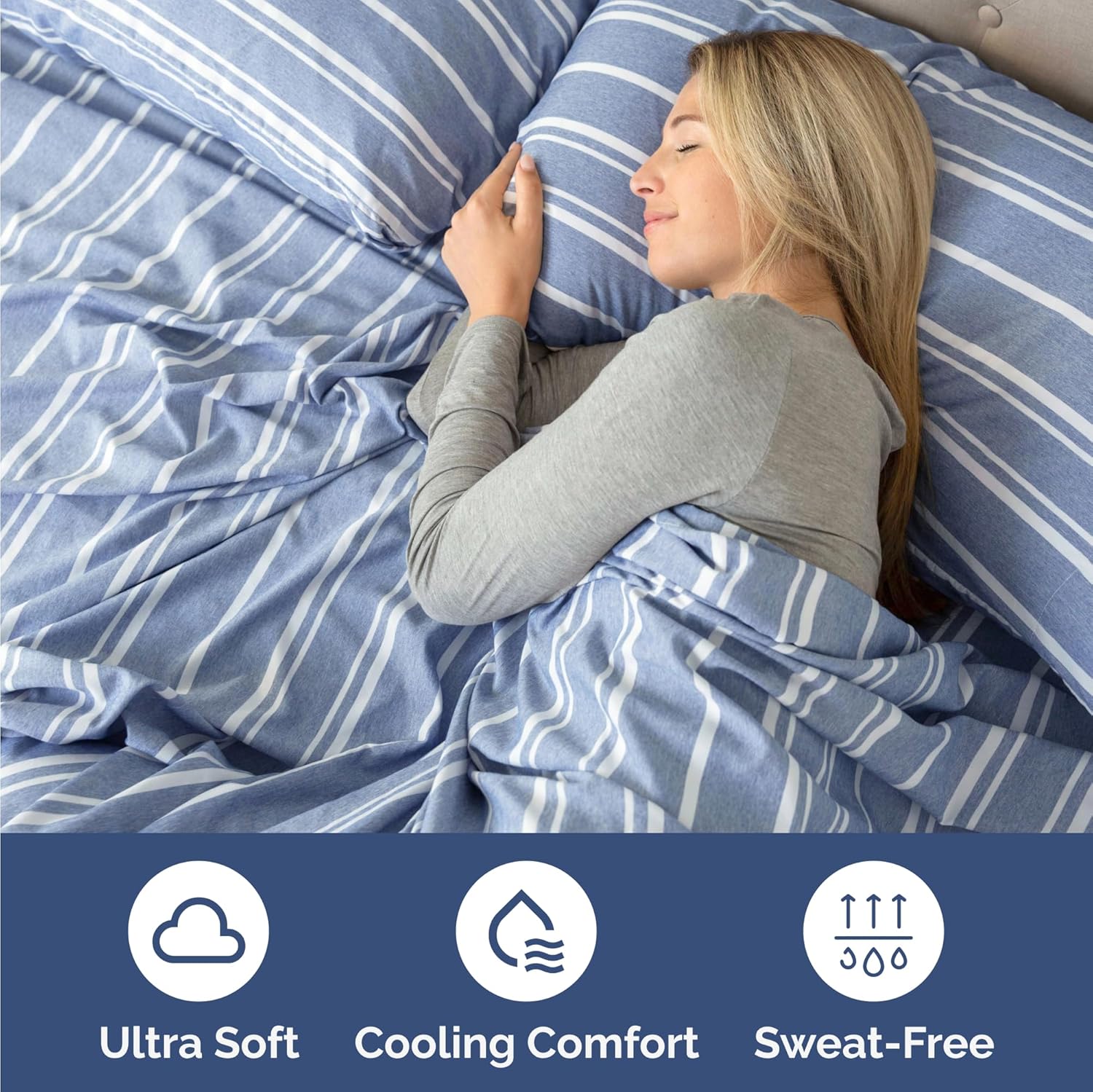 Skiennix Twin Size 3-Piece Sheet Set - Comfy, Breathable & Cooling - Luxury Blue Stripes Bedding for All Ages