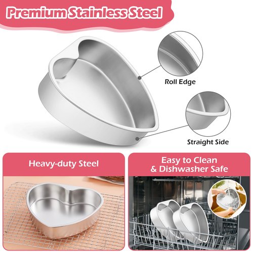 E-far 8 Inch Heart Cake Pan, 2Pcs Stainless Steel Heart Shaped Cake Mold, Cake Tin Baking Pan for Valentine's Day Anniversaries Wedding, Non-Toxic & Dishwasher Safe