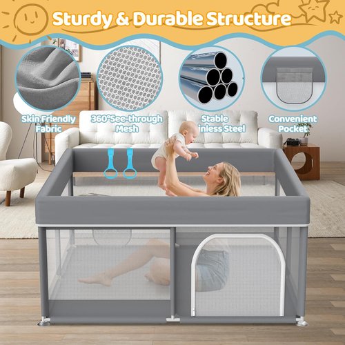 Grey Baby Playpen - Full Cover Anti-Collision Cloth Playard | 64"x64" Modern Safety Center for Infants
