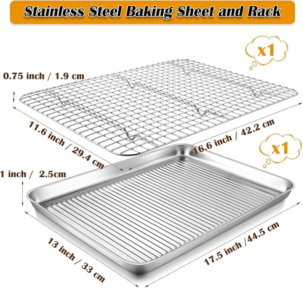 P&P CHEF Stainless Steel Baking Oven Pan - Versatile Cookie & Bacon Tray with Wire Rack | 17.5 x 13 x 1 Inch
