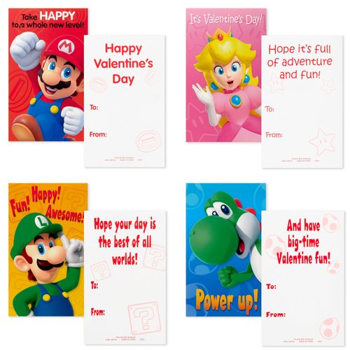 Hallmark Super Mario Bros Valentines Day Cards and Mailbox for Kids School Classroom Exchange (1 Box, 32 Valentine Cards, 35 Stickers, 1 Teacher Card)