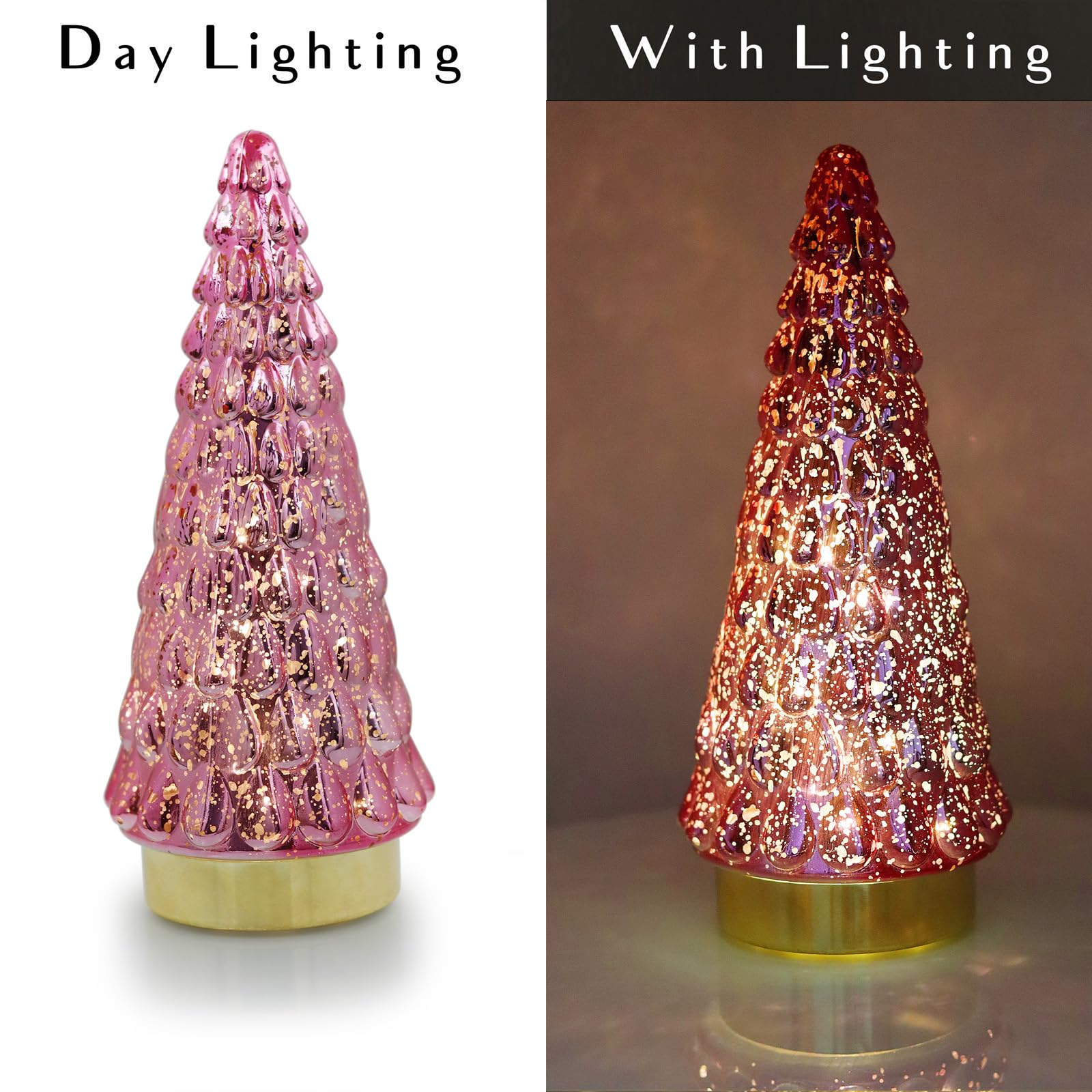 Pink Glass Christmas Tree 2pcs, Tabletop Mercury Christmas Tree with Light, Battery Operated Small Xmas Tree for Fireplace Centerpiece Decorations 10"