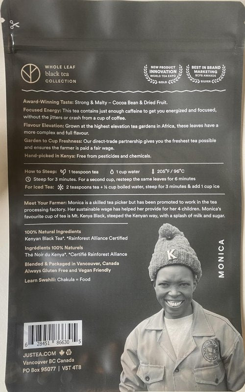 JusTea MT. KENYA BLACK | Loose Leaf Black Tea | Recyclable Refill Pouch | 160+ Cups (12.7oz) | High Caffeine | Award-Winning | Fair Trade | Non-GMO
