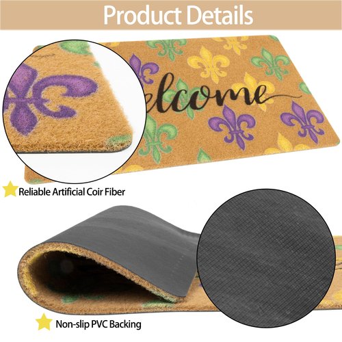 FGSS Mardi-Gras Fleur-De-Lis Welcome-Doormat Outdoor-Entrance - Coir-Non-Slip Indoor Home Decor Front Door Mats Holiday Carnival