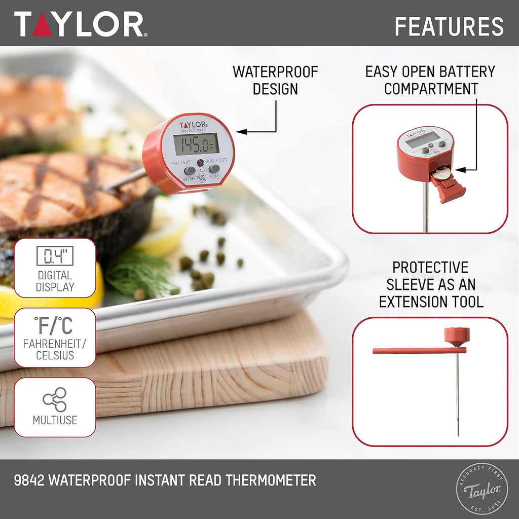 Taylor Waterproof Digital Instant Read Thermometer - Perfect for Cooking, BBQ, and Baking | Includes Pocket Sleeve Clip, Red