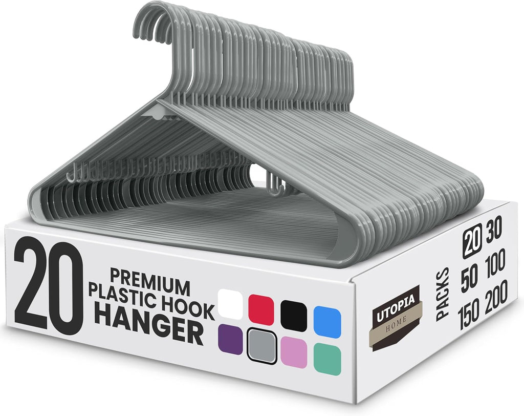 Utopia Home Plastic Hangers 20 Pack - Durable Space-Saving Closet Organizers - Ideal for Shirts, Pants, Skirts & Coats (Grey)
