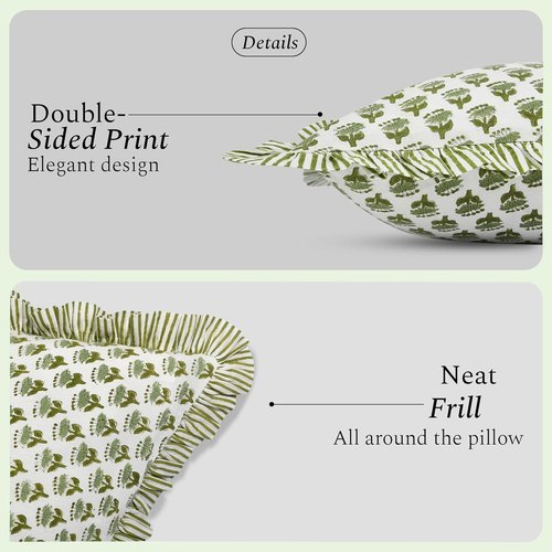 CPC Block Print Ruffle Throw Pillow Covers - Emerald Green 20"x20" | 100% Cotton Boho Decor for Living Room & Bedroom