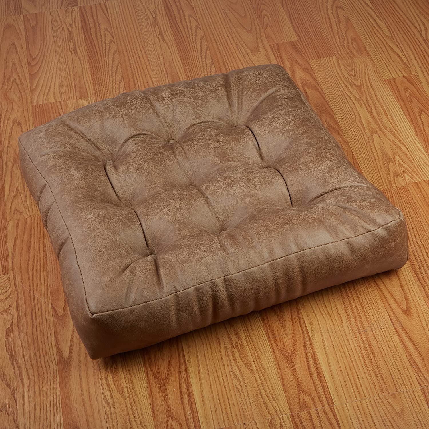 Klear Vu Gripper Non-Slip Floor Cushions for Adults, Extra Thick Square Meditation Pillow, Ideal for Yoga, Seating or Lounging, 21"x21", 1 Count, Brown Faux Leather