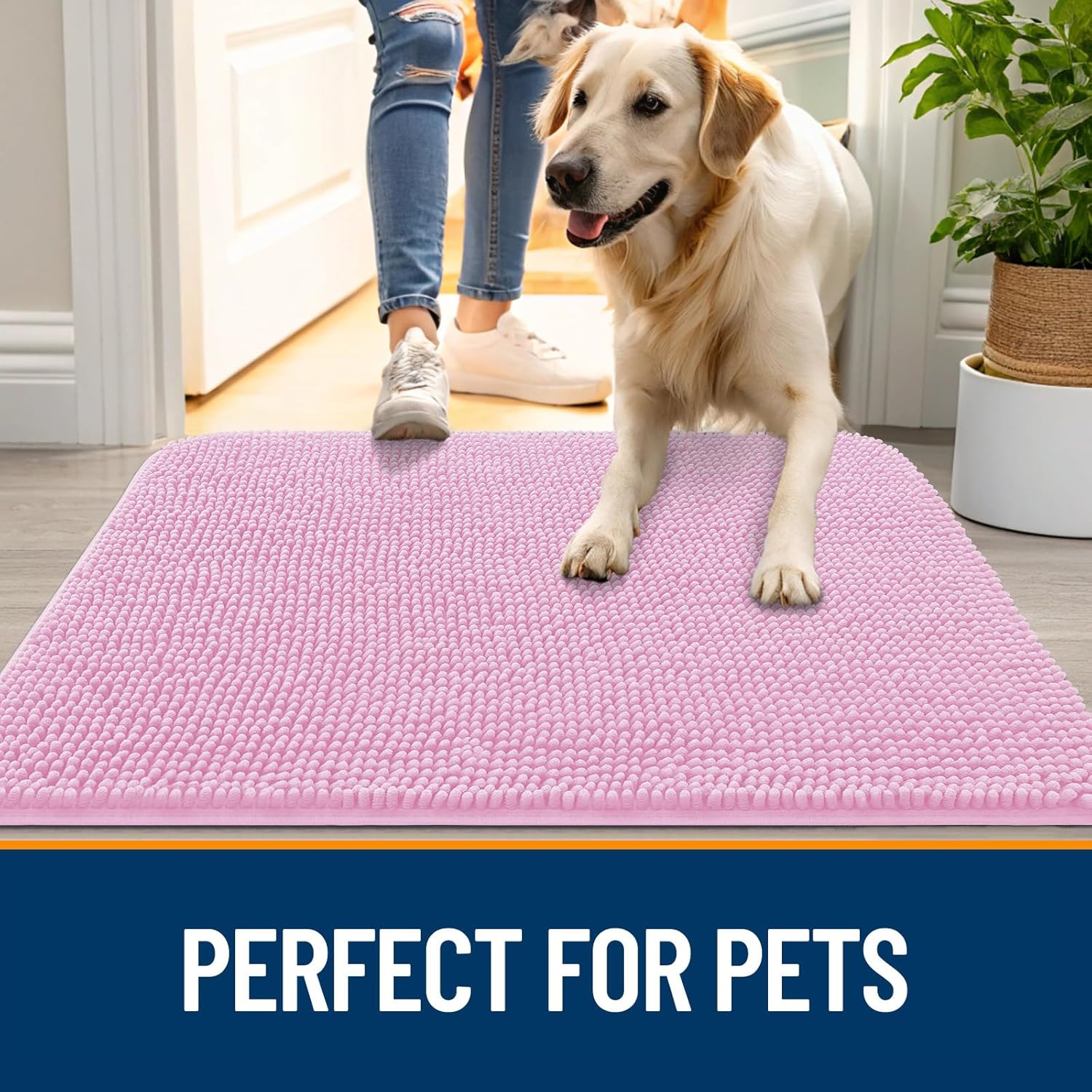 OLANLY Dog Door Mat - Absorbent Non-Slip Washable Chenille Mat for Muddy Paws | 44x24, Pink