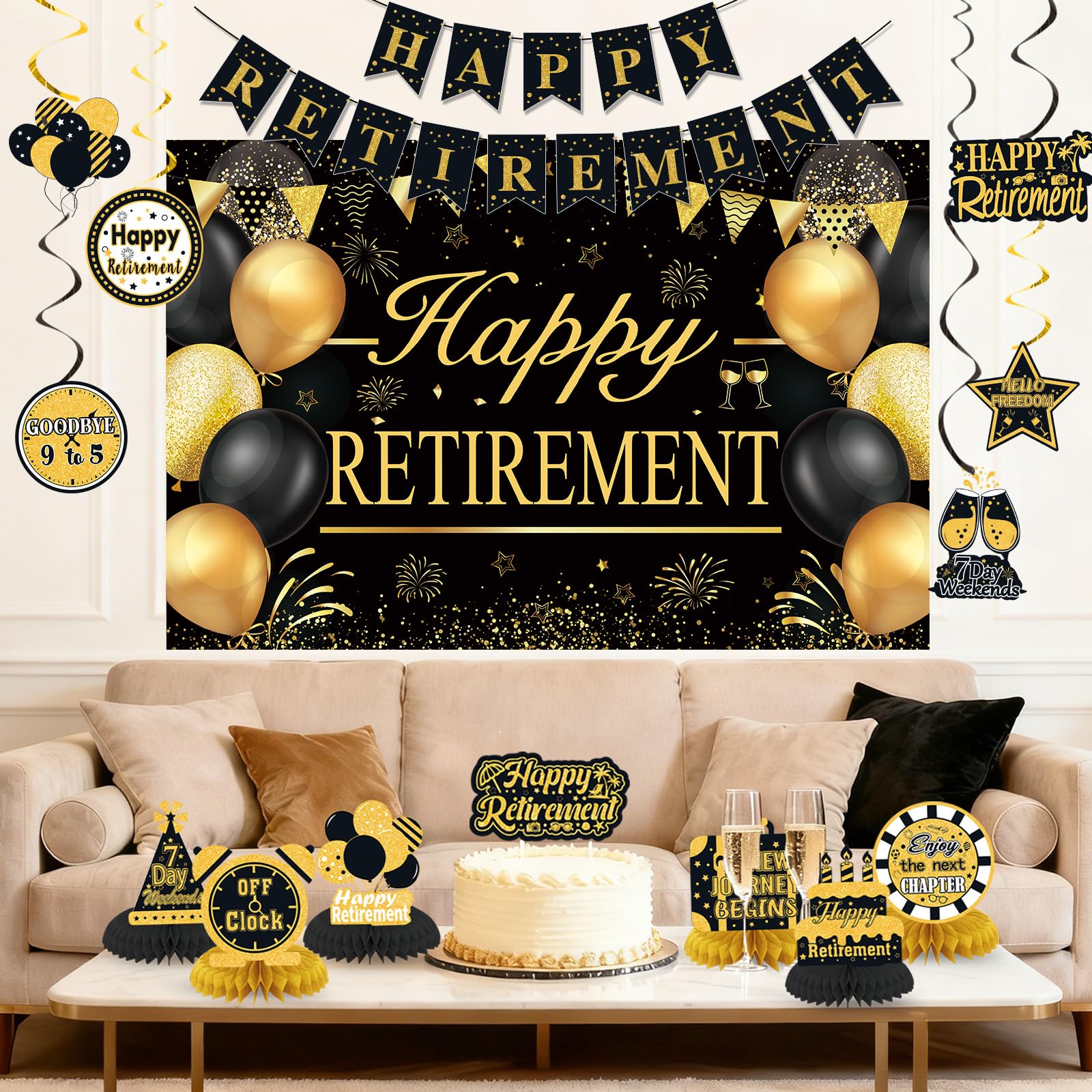 Retirement Party Decorations for Men Women Black Gold Happy Retirement Banner Backdrop Honeycomb Centerpiece Cake Topper Hanging Swirl Set