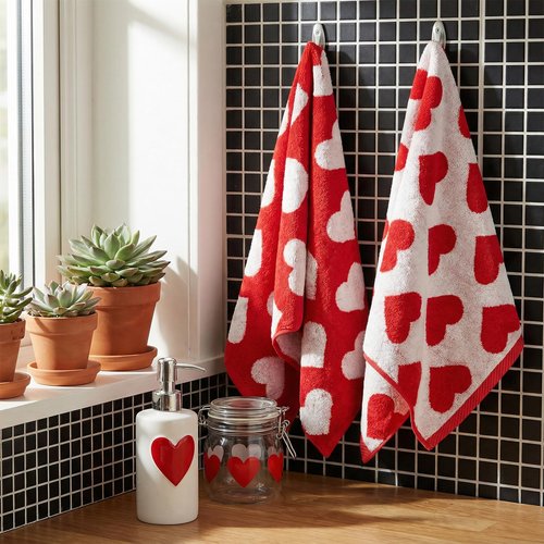 Sucrain 2Pcs Valentine’s Day Hand Towels Red White Hearts Cotton Bathroom Decorative Towels Set for Drying, Cleaning, Cooking, Holiday 13.8'' x 28.7''