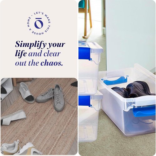 HOMZ Clear Plastic Storage Organizer Bins - 5-Pack 7.5 Quart with Blue Latch | Stackable Containers for Home & Garage