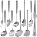 304 Stainless Steel Kitchen Utensils Set - 11 PCS All Metal Cooking Tools & 15″ Serving Utensils Set, Meat Fork, Tongs, Turner, Pasta, Serving Spoon, Skimmer, Ladle, Spatula Spoon Set