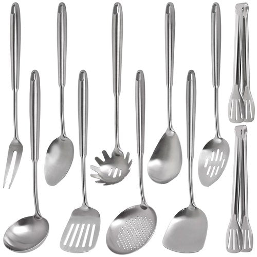 304 Stainless Steel Kitchen Utensils Set - 11 PCS All Metal Cooking Tools & 15″ Serving Utensils Set, Meat Fork, Tongs, Turner, Pasta, Serving Spoon, Skimmer, Ladle, Spatula Spoon Set