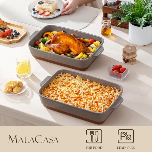 MALACASA Lasagne Dish - 4.8 Qt Brown Ceramic Baking Pan with Handles | 9 x 13 Inches, Deep Casserole Dish