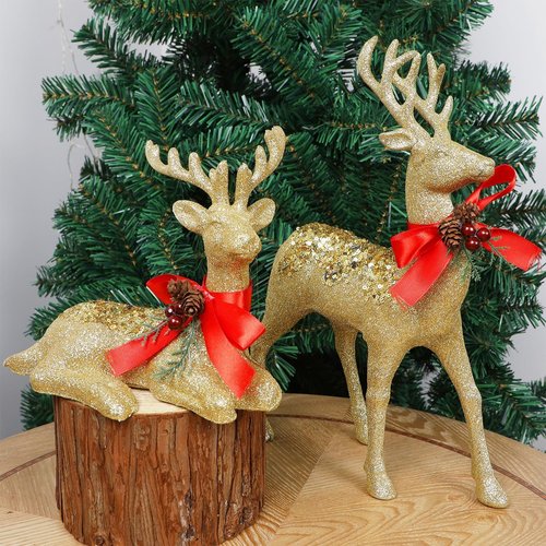 Juegoal Glitter Golden Reindeer Figurines - Set of 2 Christmas Tabletop Decorations | 12.6" Xmas Ornaments