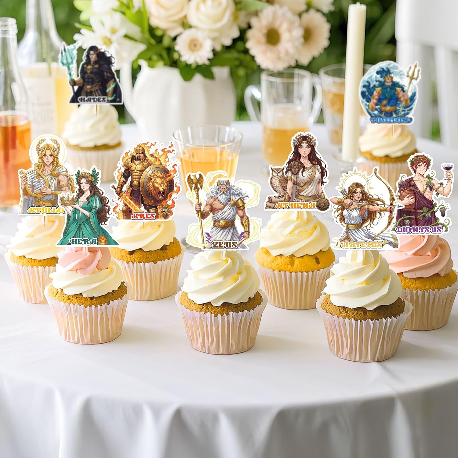 Greek Mythology Party Decorations - 36 Pcs Cupcake Toppers with 9 Unique Designs for Toga Celebrations