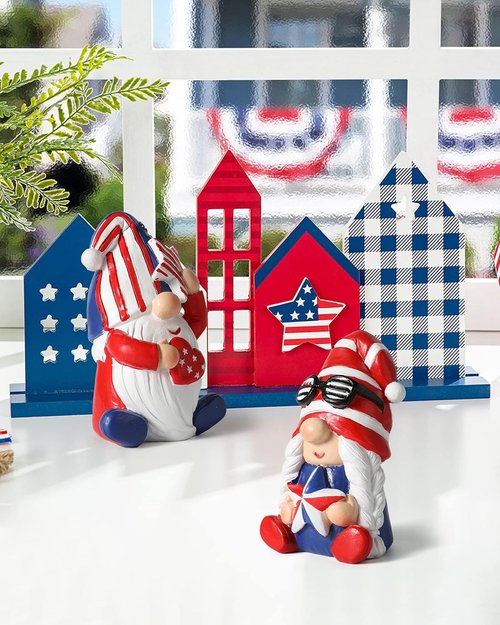 iStatue 4th of July Gnomes - Set of 2 Resin Patriotic Gnomes with American Flag - Perfect Independence Day Decor