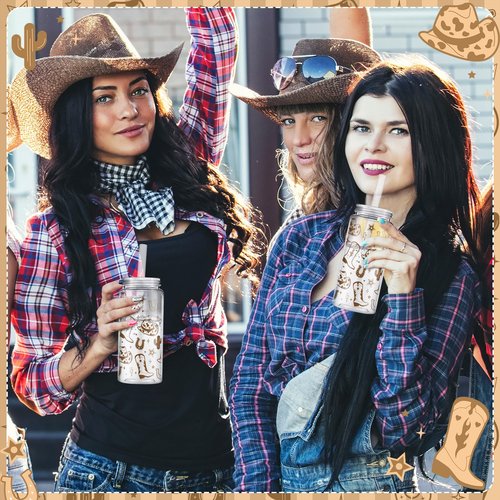 Qinyoung 24 Pcs Western Cowgirl Cowboy Plastic Tumbler 14.2 oz Cowgirl Party Favors Reusable Cups with Lids and Straws Decoration Iced Coffee Cup My First Rodeo Decorations(Classic Style,Brown)