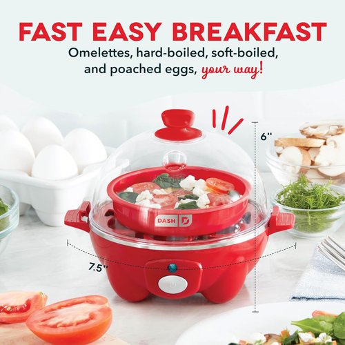 Dash Rapid Egg Cooker | Boil, Poach & Steam Up to 7 Eggs - Includes Measuring Guide & Recipes - Dishwasher Safe - Red