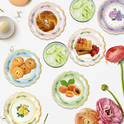 Plceucsrs 48Pcs Floral Paper Plates, 7 Inch Flower Party Plates Floral Disposable Plates for Tea Party, Birthday Baby Shower Garden Wedding Afternoon Decorations, 6 Styles (48, 7 inch)