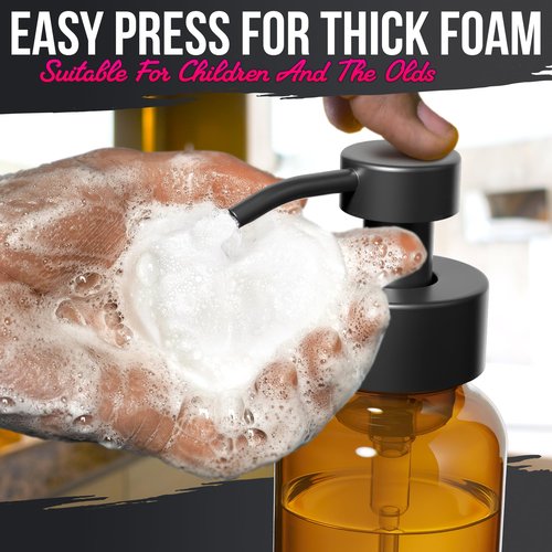 2 Pcs Amber Foaming Soap Dispenser Glass - 8.5 Oz Stylish Foam Pump Bottle for Bathroom or Kitchen Use - Compatible with Hand Wash, Dish Liquid, Shampoo and Gel | Non-Slip Bottom, 6 Label Stickers