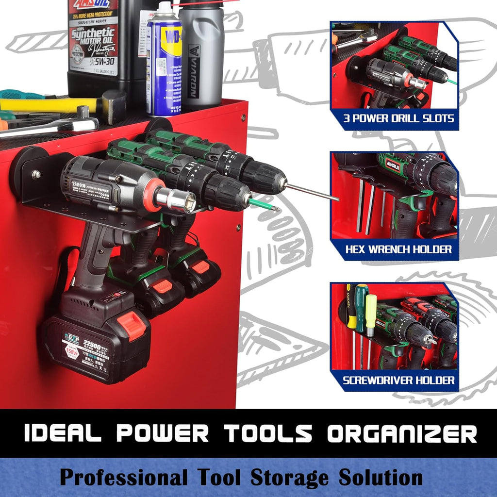 ULIBERMAGNET Power Tool Organizer - Heavy-Duty 3-Slot Wall Mount Storage Rack with Screwdriver Holder | Ideal for Garage & Workshop