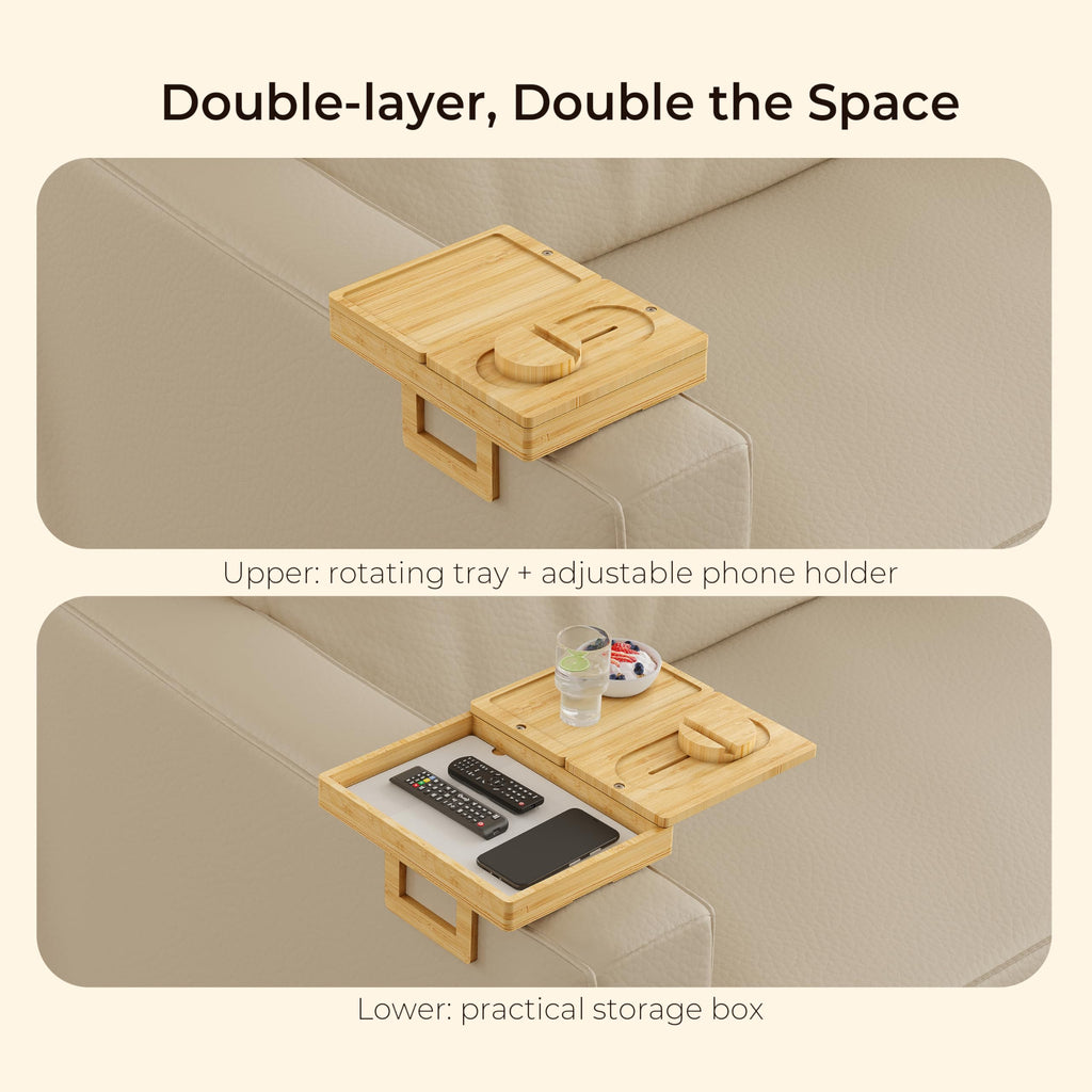 Wealone Bamboo Couch Arm Tray with 2 Rotatable Tray, Adjustable Sofa Arm Clip Table with Storage Box & 360° Phone Holder, Couch Armrest Table for Snacks, Drinks or Dining