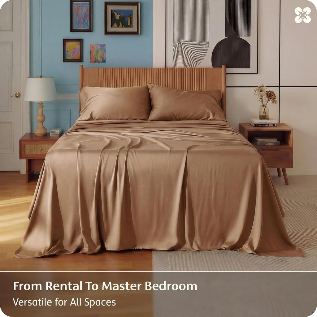 Bedsure Queen Sheet Set - Cooling Bamboo Sheets | Breathable & Soft, Deep Pocket Up to 16 Inches, Khaki