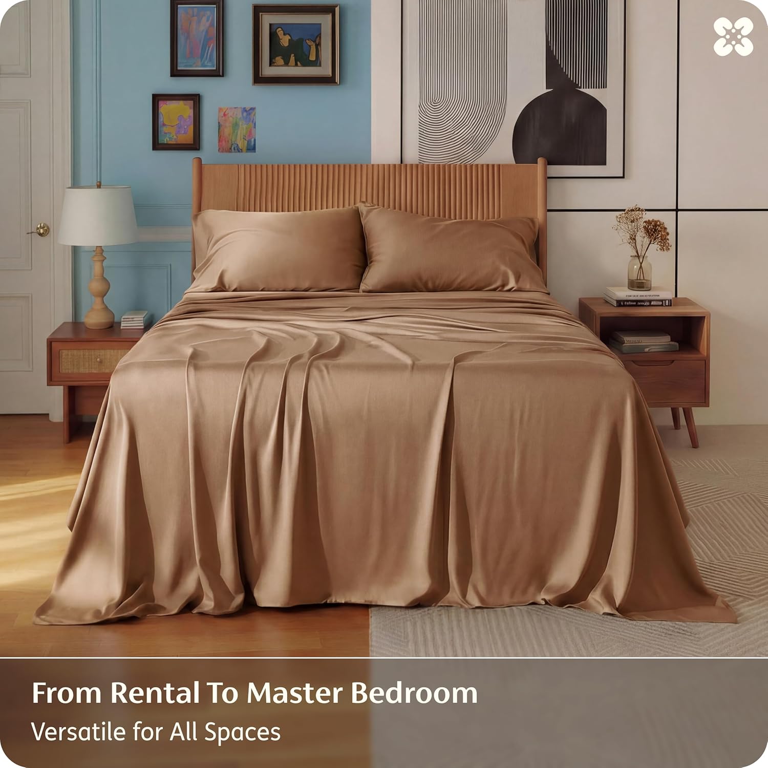 Bedsure Queen Sheet Set - Cooling Bamboo Sheets | Breathable & Soft, Deep Pocket Up to 16 Inches, Khaki