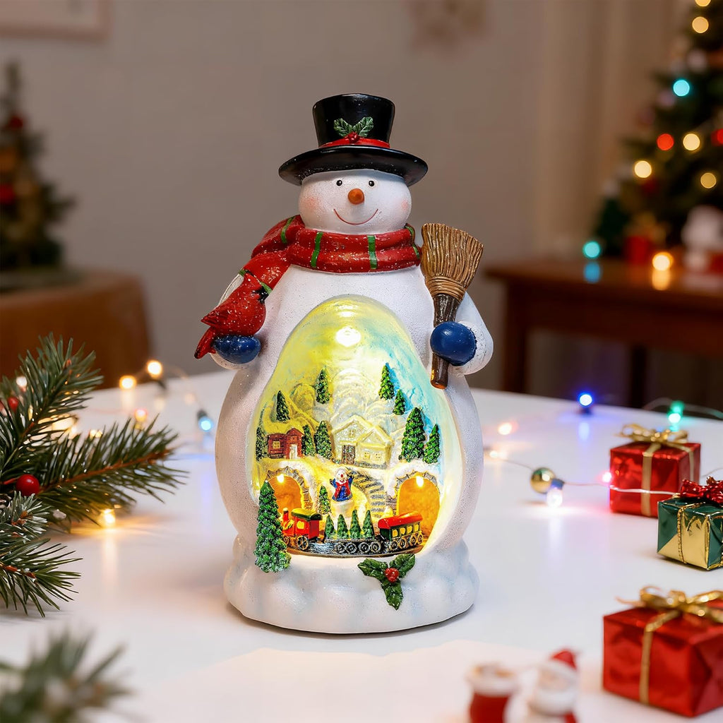 Snowman Figurine | Lighted Christmas Village with Animated Train - Battery/USB Powered Holiday Decor