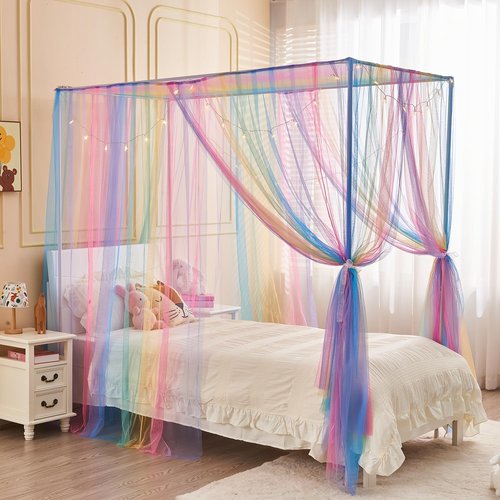 JQWUPUP Rainbow Bed Canopy for Girls Kids, 4 Corner Post Princess Twin Canopy Bed Curtains with DIY Star Stickers for Bedroom Decor