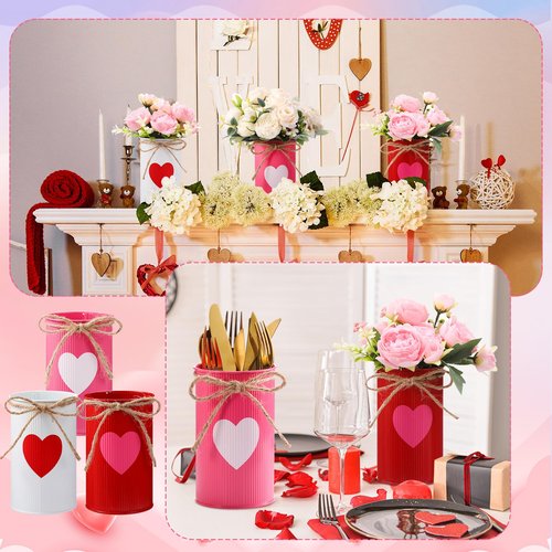 Domensi 6 Pcs Valentine's Day Vases Decor Valentines Table Centerpiece Red Pink Heart Galvanized Metal Vases for Flowers Utensil Holder Jar for Kitchen Home Wedding Galentine's Day Party Decorations