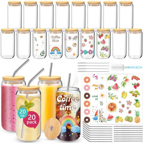 BGraceyy 20 oz 20-Pack Glass Cups with Lids and Straws + DIY Stickers, Reusable Beer Can Drinking Glasses with Bamboo Lids and Metal Straws, Aesthetic Glass Coffee Cups with Lids for Iced ＆ Hot Drinks