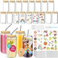 BGraceyy 20 oz 20-Pack Glass Cups with Lids and Straws + DIY Stickers, Reusable Beer Can Drinking Glasses with Bamboo Lids and Metal Straws, Aesthetic Glass Coffee Cups with Lids for Iced ＆ Hot Drinks