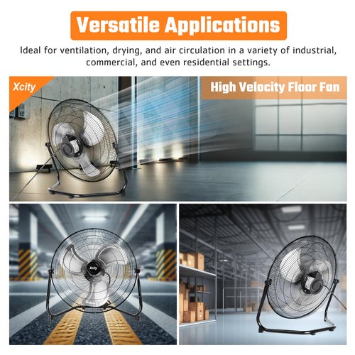 Xcity 20 Inch Metal Industrial Floor Fans, Max 4650 CFM, Heavy Duty High Velocity Fan with 3-speed and 360°Adjustable Tilt, for Warehouse, Workshop, Factory, Garage