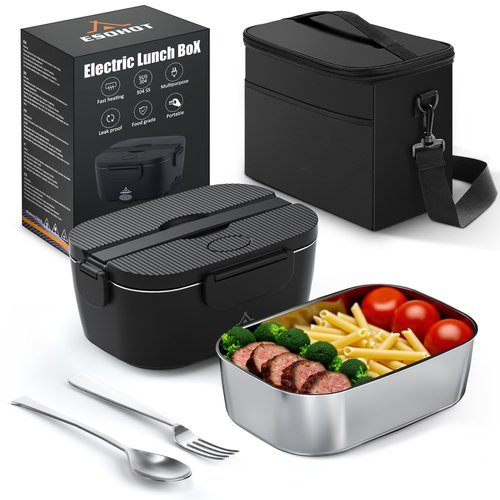 ESOHOT Heated Lunch Box,120W Electric Lunch Box for Adults with 1.5L 304 Stainless Steel Container, 12V/24V/110V Lonchera Eléctrica Portátil for Travel,Work,Car,Truck (Pure Black, 1.5L)