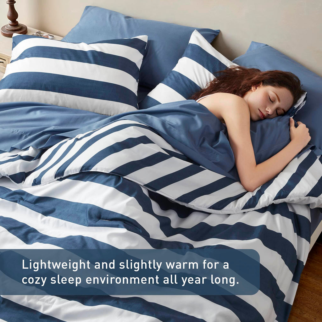 Reversible Striped Full Comforter Set-Bed in A Bag 7-Pieces Bedding Set with Double-sided Stripes Design-Warm & Cozy Bed Set Includes Full Size Comforter, Sheets Set, Pillowcases and Shams, Navy