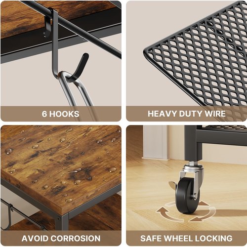NEHAJUNXI 3 Tier Rolling Kitchen Microwave Cart with 6 Hooks, Utility Cart Storage Table Stand on Lockable Wheels, Small Coffee Shelf Rack Organizer,Brown