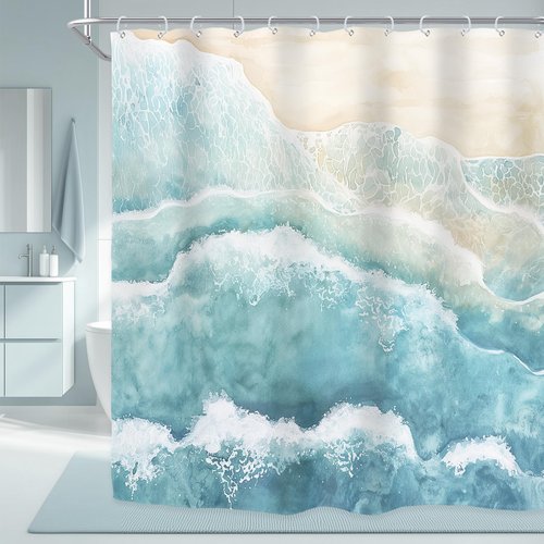 Riyidecor Beach Ocean Wave Shower Curtain for Bathroom Decor 72Wx72H Teal Blue Coastal Nautical Sea Abstract Modern Seaside Minimalist Art Printed Fabric Polyester Waterproof 12 Pack Plastic Hooks