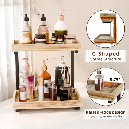 2-Tier Wooden Bathroom Countertop Organization, Vanity Organizers and Storage for Makeup, Perfume & Skincare, Anti-Slip Counter shelf with Embedded Screw Holes for Bathroom, Kitchen (Light Brown)