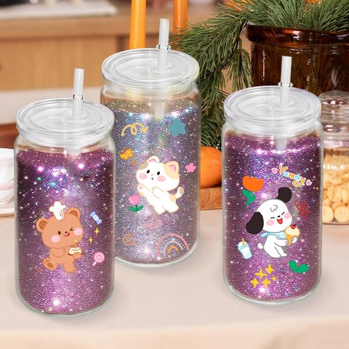 16 PCS Plastic Snow Globe Tumbler,16 oz Double Wall Tumbler with Pre Drilled Hole,Bulk Snow Globe Cups with Clear Lip and Straw,DIY Glitter Snowglobe(No gold powder)