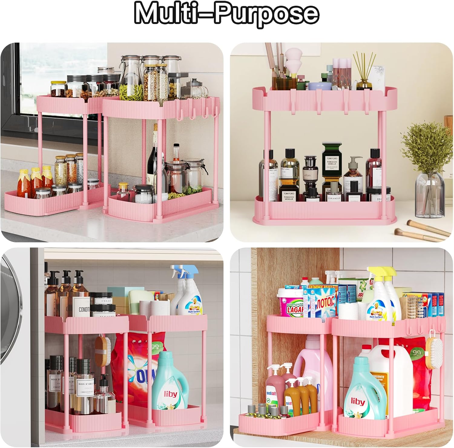 Ukeetap Multi-Purpose Pull-Out Storage Organizers - Under Sink & Cabinet, 12.8 Inch Pink (2 Pack)