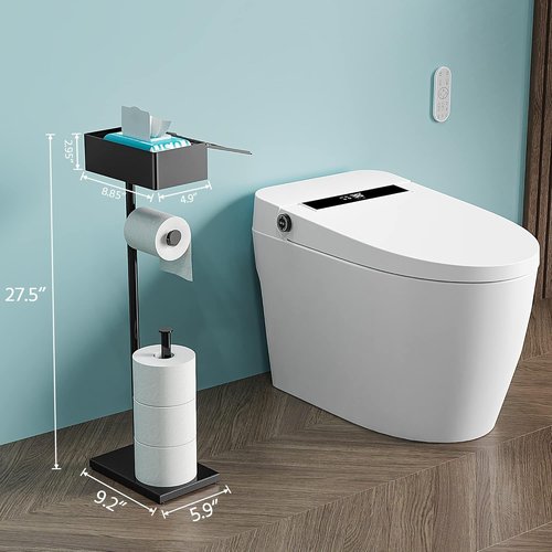 CISILY Black Toilet Paper Holder Stand - Free Standing Design with Storage Shelf for Bathroom Essentials