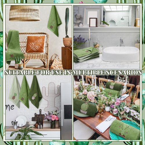 FuWeave 3 Pcs Green Cactus Summer Hand Towels for Bathroom 100% Cotton 29.5 x 13.8'' Embroidered Decorative Absorbent Soft Bath Hand Towels for Bathroom Kitchen Gift Decor