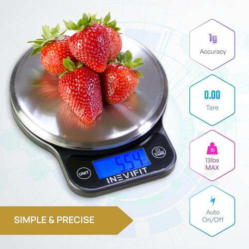 INEVIFIT Digital Kitchen Scale - Highly Accurate Multifunction Food Scale Up to 13 lbs | Sleek Black & Stainless Steel Finish