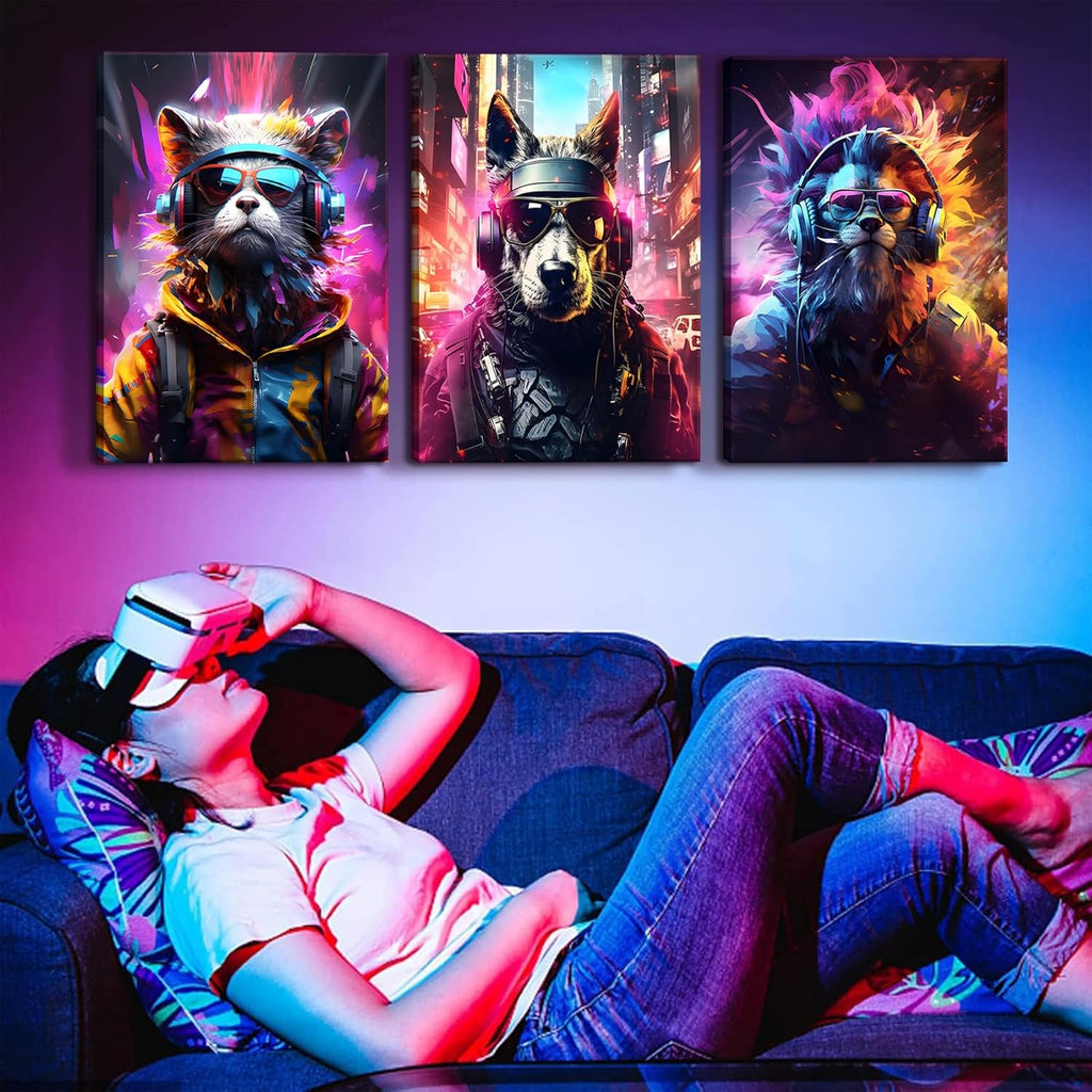 QGNBGBJ Framed Gaming Posters - Colorful Graffiti Animal Wall Art | Watercolor Cat, Dog & Lion Prints (12x16in)