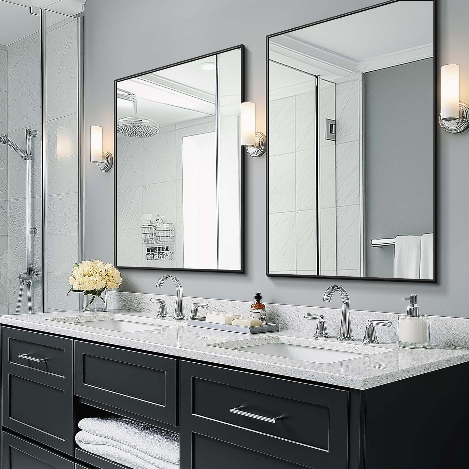 TRAHOME Bathroom Vanity Mirror - 36" x 24" Metal Framed Rectangular Design | HD Shatterproof Glass, Versatile Hanging Options (Black)